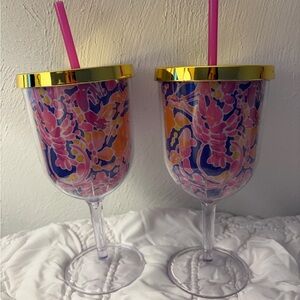 Lilly Pulitzer Pink Floral Stemmed Tumblers with Gold Lids